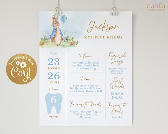 Peter Rabbit First Birthday Milestone Poster, EDITABLE Birthday Sign Template, Baby's 1st Birthday, Rustic Bunny, Instant Download, Corjl Il_570xn
