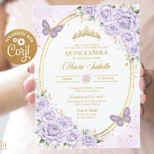 Convite Quinceanera Roxo e Dourado Lavanda, Borboleta Lilás EDITÁVEL e Convite para Festa Rosa, Mis Quince Anos, Floral 15º Aniversário, Q031