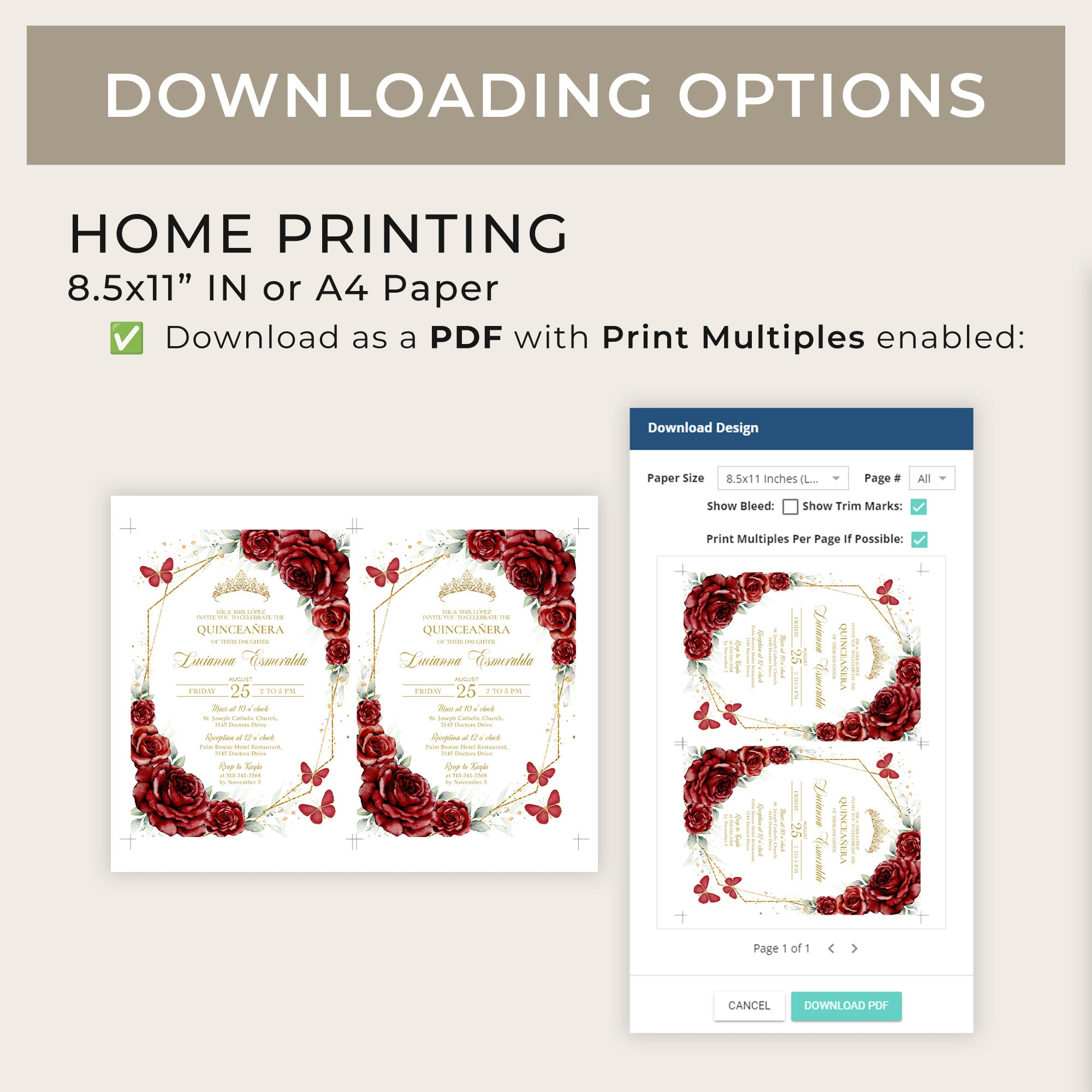 Burgundy Red and Gold Quinceañera Invitation, EDITABLE 15th