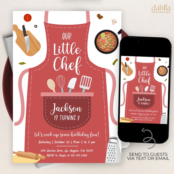 EDITABLE Cooking Birthday Invitation, Red Kitchen Party Invite, Our Little Chef Template, Kids Baking Party, Let's Cook Up Some Fun, KP213