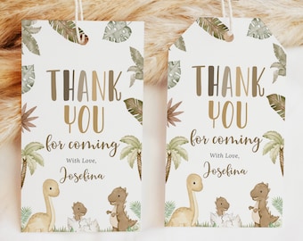 May include: Two brown and white dinosaur themed thank you tags with green leaves and palm trees. The text reads "Thank You for coming. With Love, Josefina".