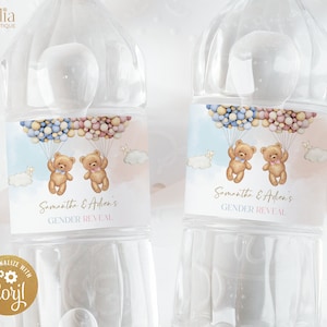 EDITABLE Teddy Bears Gender Reveal Water Bottle Sticker Label, Bear Balloons Template, Baby Boy Or Girl, He Or She, Instant Download GR025