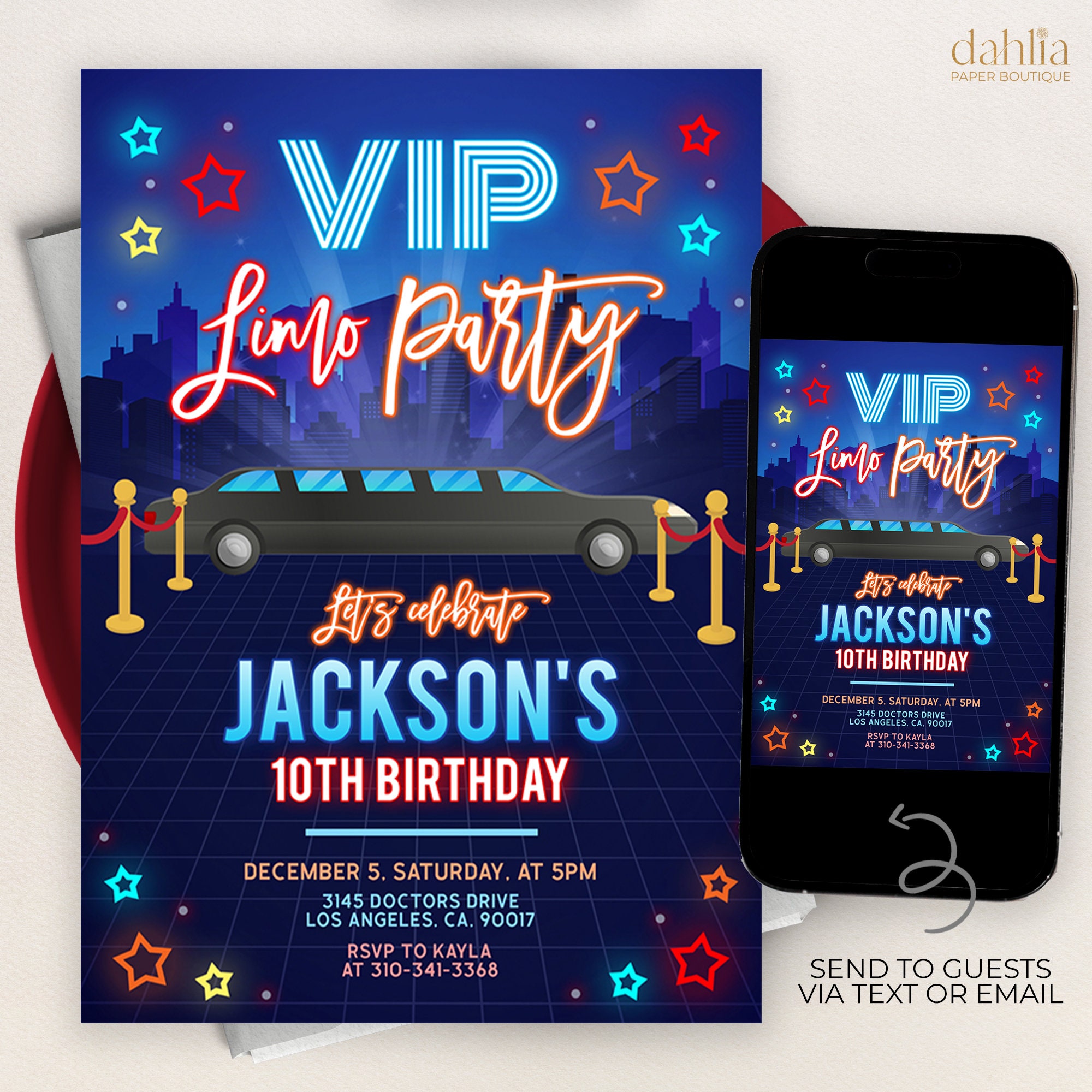 EDITABLE Limo Party Invitation, Blue VIP Limousine Birthday Invite, Glow Neon Template, Tween Boy Disco, Red Carpet, Instant Download KP176