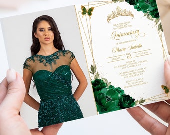 May include: A Quinceañera invitation with a green and gold color scheme. The invitation features a photo of a young woman in a green dress, a gold crown, butterflies, and floral designs. The text on the invitation reads "MR & MRS LOPEZ INVITE YOU TO CELEBRATE THE QUINCEAÑERA OF THEIR DAUGHTER MARIA ISABELLA".
