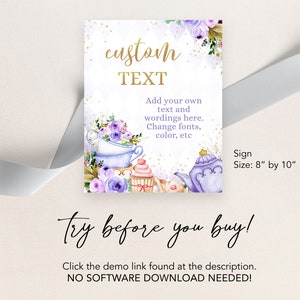 Puede incluir: Un cartel imprimible con una ilustraci&oacute;n de acuarela de tazas de t&eacute;, una tetera y cupcakes. El cartel dice "texto personalizado" y "A&ntilde;ade tu propio texto y frases aqu&iacute;. Cambia las fuentes, el color, etc." El cartel tambi&eacute;n dice "Tama&ntilde;o del cartel: 8" por 10" y "&iexcl;Pru&eacute;balo antes de comprar! Haz clic en el enlace de demostraci&oacute;n que se encuentra en la descripci&oacute;n. &iexcl;NO SE NECESITA DESCARGAR SOFTWARE!"