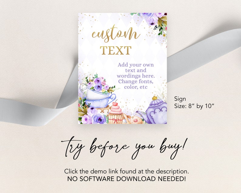 Puede incluir: Un cartel imprimible con una ilustraci&oacute;n de acuarela de tazas de t&eacute;, una tetera y cupcakes. El cartel dice "texto personalizado" y "A&ntilde;ade tu propio texto y frases aqu&iacute;. Cambia las fuentes, el color, etc." El cartel tambi&eacute;n dice "Tama&ntilde;o del cartel: 8" por 10" y "&iexcl;Pru&eacute;balo antes de comprar! Haz clic en el enlace de demostraci&oacute;n que se encuentra en la descripci&oacute;n. &iexcl;NO SE NECESITA DESCARGAR SOFTWARE!"