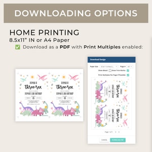 May include: A digital download for a printable dinosaur birthday invitation. The invitation features a pink, green, and blue dinosaur design with the text "Sophia is three-rex Sophia's 3rd Birthday" and the number "05". The invitation is available in 8.5x11 inches or A4 paper size.