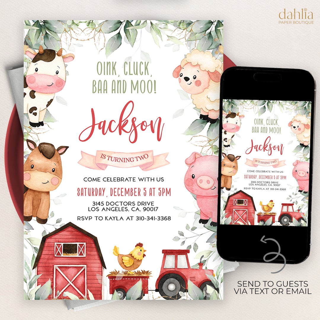 EDITABLE Farm Birthday Invitation, Barn Animals Party Invite Template ...