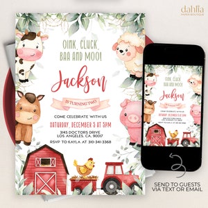 EDITABLE Farm Birthday Invitation, Barn Animals Party Invite Template, Ranch Kids Birthday, Red Boy Barnyard Animals, Instant Download KP082