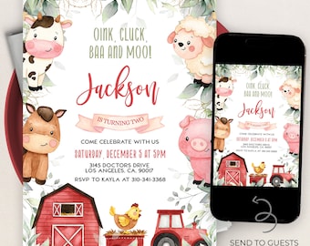 EDITABLE Farm Birthday Invitation, Barn Animals Party Invite Template, Ranch Kids Birthday, Red Boy Barnyard Animals, Instant Download KP082