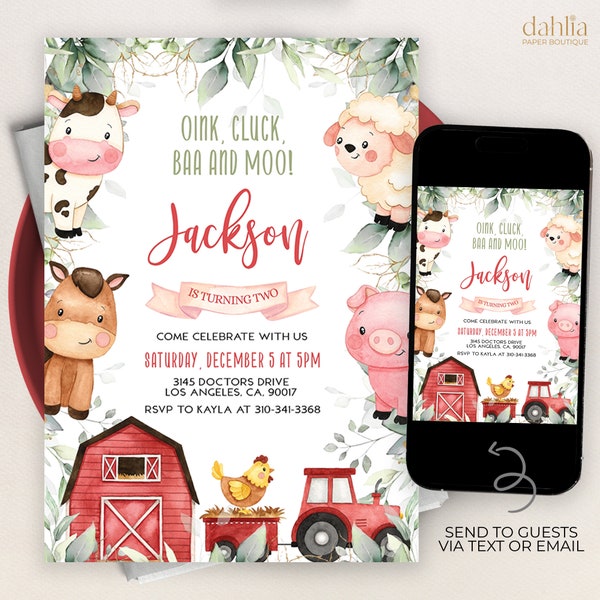 EDITABLE Farm Birthday Invitation, Barn Animals Party Invite Template, Ranch Kids Birthday, Red Boy Barnyard Animals, Instant Download KP082