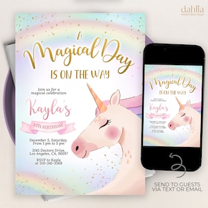 Modello di invito compleanno unicorno stampabile, modificabile Invito festa unicorno, modello stampabile giorno magico Ragazza rosa pastello arcobaleno KP233