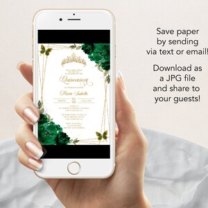 May include: A digital invitation for a Quincea&ntilde;era celebration. The invitation features a gold and white background with green floral accents and a gold crown. The text on the invitation reads "Quincea&ntilde;era" and "Maria Isabella".