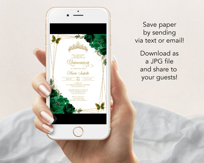 May include: A digital invitation for a Quincea&ntilde;era celebration. The invitation features a gold and white background with green floral accents and a gold crown. The text on the invitation reads "Quincea&ntilde;era" and "Maria Isabella".