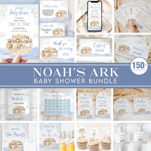 Noah&#39;s Ark Baby Shower Bundle, EDITABLE Animals Ark Baby Shower Invitation Set, Bible Story, Noah&#39;s Ark Blue Invite, Instant Download, BS143