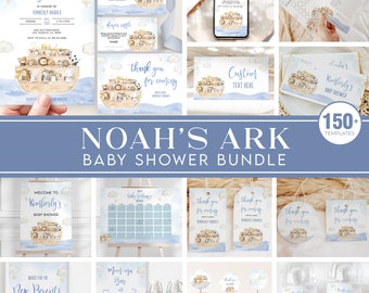 May include: A Noah's Ark themed baby shower bundle with over 150 printable templates. The templates feature a watercolor illustration of Noah's Ark with animals, clouds, and a blue background. The text "Noah's Ark Baby Shower Bundle" is displayed in a blue banner.