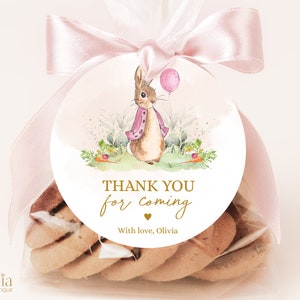 Etiqueta de presente Peter Rabbit, obrigado por ter vindo, etiqueta de lembrança de festa de coelho flopsy EDITÁVEL, festa de aniversário de coelho rosa rústico, etiqueta de presente redonda, KP059