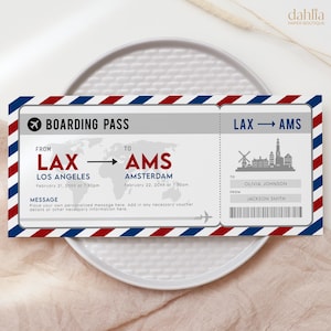 Billet carte d'embarquement pour Amsterdam, cadeau de voyage surprise à Amsterdam modifiable, billet d'avion à imprimer, modèle de billet d'avion, billet cadeau de voyage