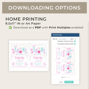 May include: A printable 8.5x11 inch or A4 size PDF invitation for a bowling-themed birthday party. The invitation features a pink, blue, and gold color scheme with the text "Let's Strike Up Some Fun Cassidy is Turning 8".