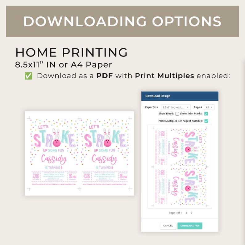 May include: A printable 8.5x11 inch or A4 size PDF invitation for a bowling-themed birthday party. The invitation features a pink, blue, and gold color scheme with the text "Let's Strike Up Some Fun Cassidy is Turning 8".