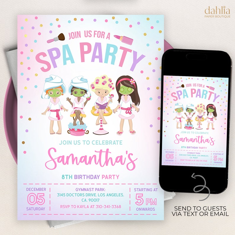 May include: A pink and blue invitation for a spa party for Samantha's 8th birthday. The invitation features a cartoon illustration of four girls getting pampered at a spa. The invitation includes the date, time, location, and RSVP information.