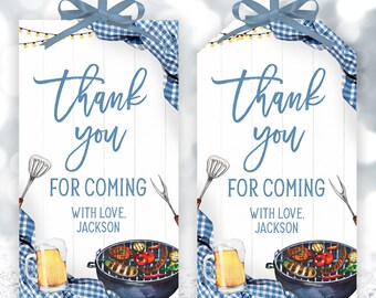 May include: Two blue and white thank you tags with the text "thank you for coming with love, Jackson". The tags feature a blue and white checkered pattern, a grill with food, a beer mug, and a spatula.
