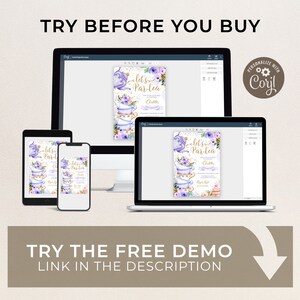May include: A digital mockup of a purple and gold tea party invitation with the text "Let's Partea" and a stack of teacups. The invitation is displayed on a computer screen, tablet, and phone.