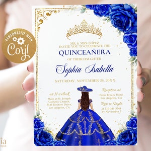 May include: A Quinceañera invitation with a gold and blue color scheme. The invitation features a crown, blue roses, and a drawing of a young woman in a blue dress. The text on the invitation reads "MR & MRS LÓPEZ INVITE YOU TO CELEBRATE THE QUINCEAÑERA OF THEIR DAUGHTER Sophia Isabella SATURDAY, NOVEMBER 26, 20XX".
