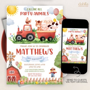 Convite de aniversário de fazenda EDITÁVEL, modelo de convite para animais de festa, aniversário de crianças na fazenda, animais de celeiro de trator vermelho, download instantâneo, KP353