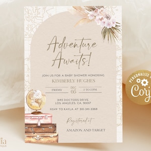 Avontuur wacht op baby shower uitnodiging sjabloon, reizen baby shower, avontuur, koffer, Globe, kaart, Boho, Pampas Grass, meisje, roze, BS094