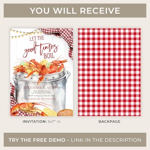 Editable Seafood Boil Party Invitation, Let The Good Times Boil, Crawfish Boil Engagement, Any Occasion, Red Plaid Digital Invite, KP183 image 3