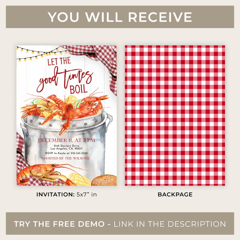 Editable Seafood Boil Party Invitation, Let The Good Times Boil, Crawfish Boil Engagement, Any Occasion, Red Plaid Digital Invite, KP183 image 3