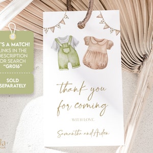 May include: A thank you tag for a baby shower with a green and brown watercolor illustration of baby clothes. The text reads "It's a match! Links in the description or search "GRO16" Sold separately. Thank you for coming. With love, Samantha and Aiden."