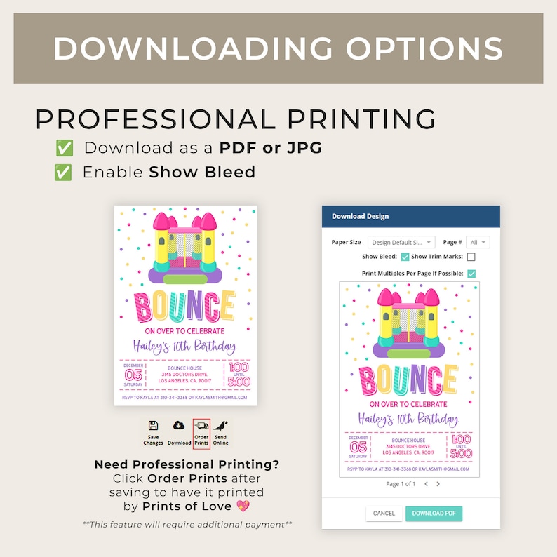 May include: A printable invitation for a 10th birthday party with a bounce house theme. The invitation features a colorful cartoon bounce house with the text "Bounce" in a rainbow font. The invitation includes the date, time, location, and RSVP information. The text "On Over to Celebrate Hailey's 10th Birthday" is also included.