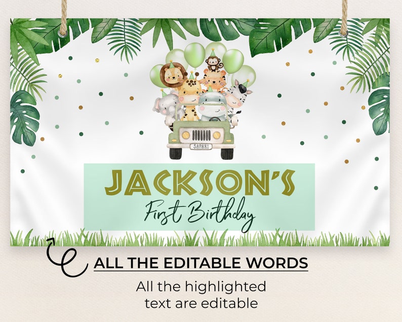 Pu&ograve; includere: Un cartello stampabile verde e bianco a tema safari. Il cartello presenta una jeep di cartoni animati con animali, tra cui un leone, una scimmia, una zebra e una giraffa. Il testo sul cartello recita "JACKSON'S First Birthday".