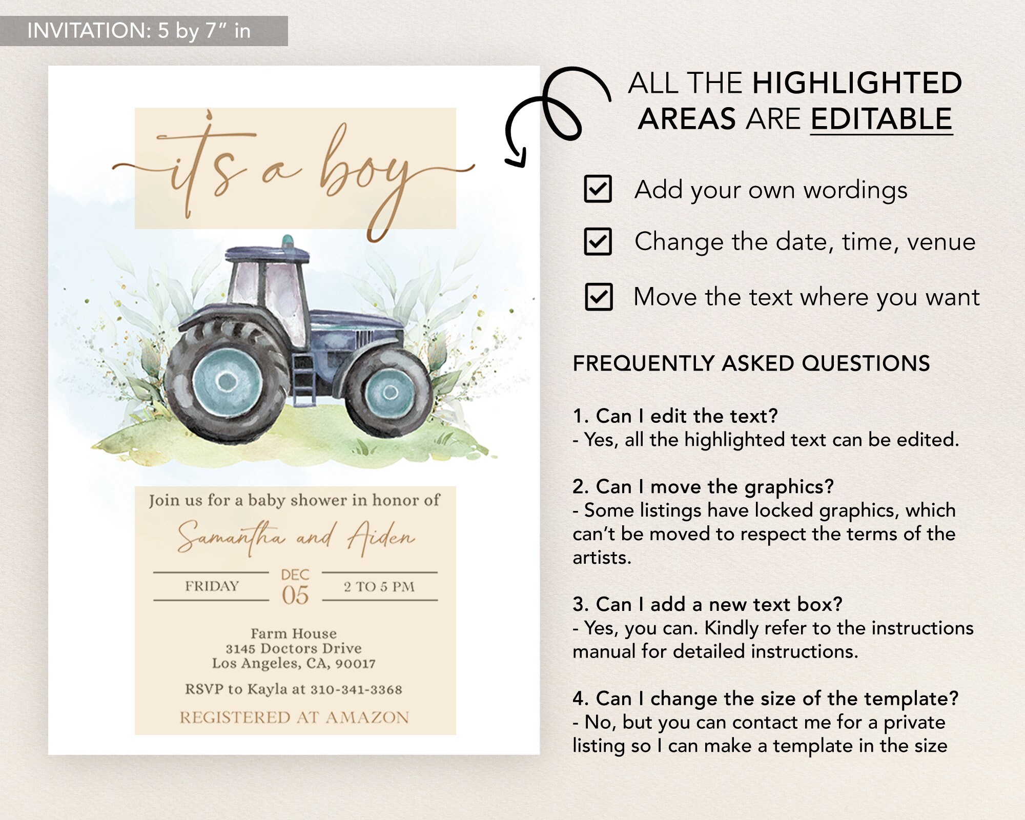 EDITABLE Blue Tractor Baby Shower Invitation, Ranch Farm Baby Sprinkle ...