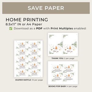 May include: Printable 8.5x11 inch or A4 paper PDF with 10 diaper raffle tickets, 2 thank you cards, and 4 books for baby cards per page. The design features a campfire with marshmallows, a green leafy border, and the text "Days of S'more".