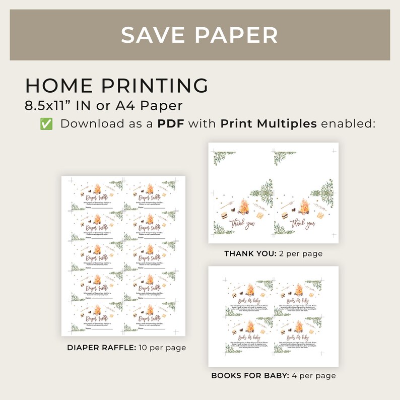 May include: Printable 8.5x11 inch or A4 paper PDF with 10 diaper raffle tickets, 2 thank you cards, and 4 books for baby cards per page. The design features a campfire with marshmallows, a green leafy border, and the text "Days of S'more".