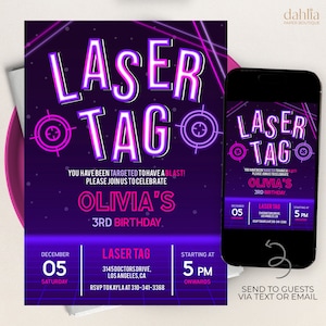 Laser Tag Geburtstagseinladung, Bearbeitbare Laser Tag Party Einladung Vorlage, Neon Lila Glow Arcade, Mädchen Geburtstag, Sofortiger Download KP045