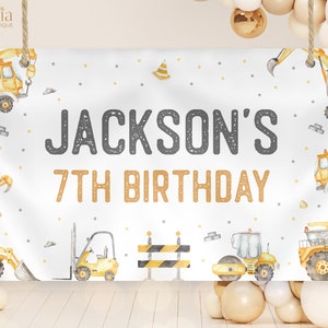 Cenário de aniversário de caminhões de construção, modelo de decoração de festa de caminhões basculantes EDITÁVEL, banner de aniversário de escavadeira de menino, download instantâneo, KP189