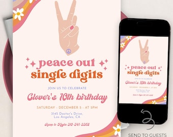 Peace Out Single Digits Birthday Invitation, Editable Retro Disco Party Invite, Boho Hippie Groovy 70s Rainbow Party, Instant Download KP141