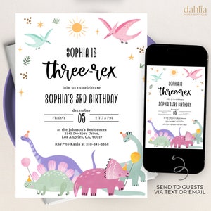 May include: A printable birthday invitation for a 3-year-old girl's birthday party. The invitation features a dinosaur theme with colorful dinosaurs, stars, and a sun. The text on the invitation reads "Sophia is three-rex" and includes details about the party, including the date, time, and location. The invitation also includes a phone number for RSVP.
