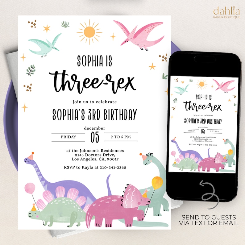 May include: A printable birthday invitation for a 3-year-old girl's birthday party. The invitation features a dinosaur theme with colorful dinosaurs, stars, and a sun. The text on the invitation reads "Sophia is three-rex" and includes details about the party, including the date, time, and location. The invitation also includes a phone number for RSVP.