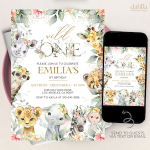 EDITABLE Safari Birthday Party Invitation, Jungle Party Invite Template, Girl First Birthday Wild One Pink Floral Safari Jungle Animal KP047