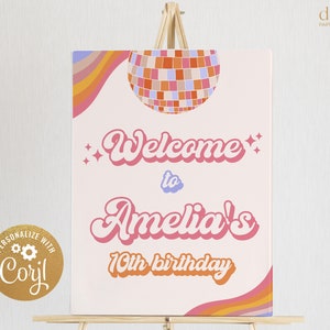 Signo de bienvenida de cumpleaños de fiesta disco, estandarte retro groovy editable, signo hippie boho, decoración de fiesta de baile de bola de discoteca de los años 70, descarga instantánea KP125