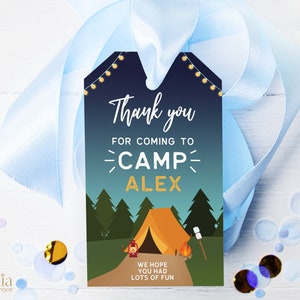 EDITABLE Camping Birthday Gift Tag, Camping Party Favor Template, Merci Label, Under The Stars, Campout, Smores, Instant Download, KP013
