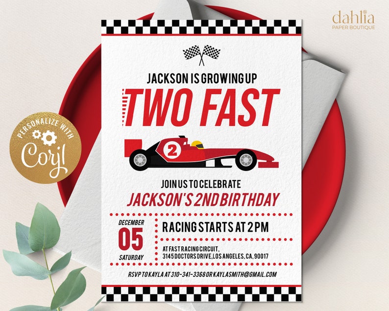 EDITABLE Two Fast 2nd Birthday Invitation Template Printable Race Car Second Birthday Boy Red Racing Party Invite Instant