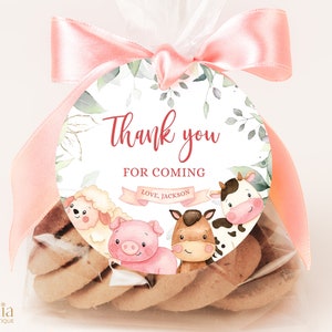 Anniversaire de la ferme Merci d'être venu Étiquette-cadeau, Éditable Grange Animaux Party Favor Tag, Ranch Boy Party, Barnyard rouge, Étiquette-cadeau ronde, KP082
