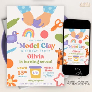 May include: A colorful invitation for a Model Clay birthday party for Olivia, who is turning seven. The invitation features a rainbow, a giraffe, a bird, and a clay pot. The party is on March 15th at 2 PM at Olivia's House. RSVP to Kayla at 123-456-7890.