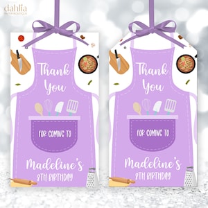 EDITIERBARE Danke für kommende Geschenkanhänger, EDITIERBARE Geburtstagsetikett für das Kochen, lila kleines Koch-Partygeschenk, Mädchen-Backküche-Vorlage, KP213